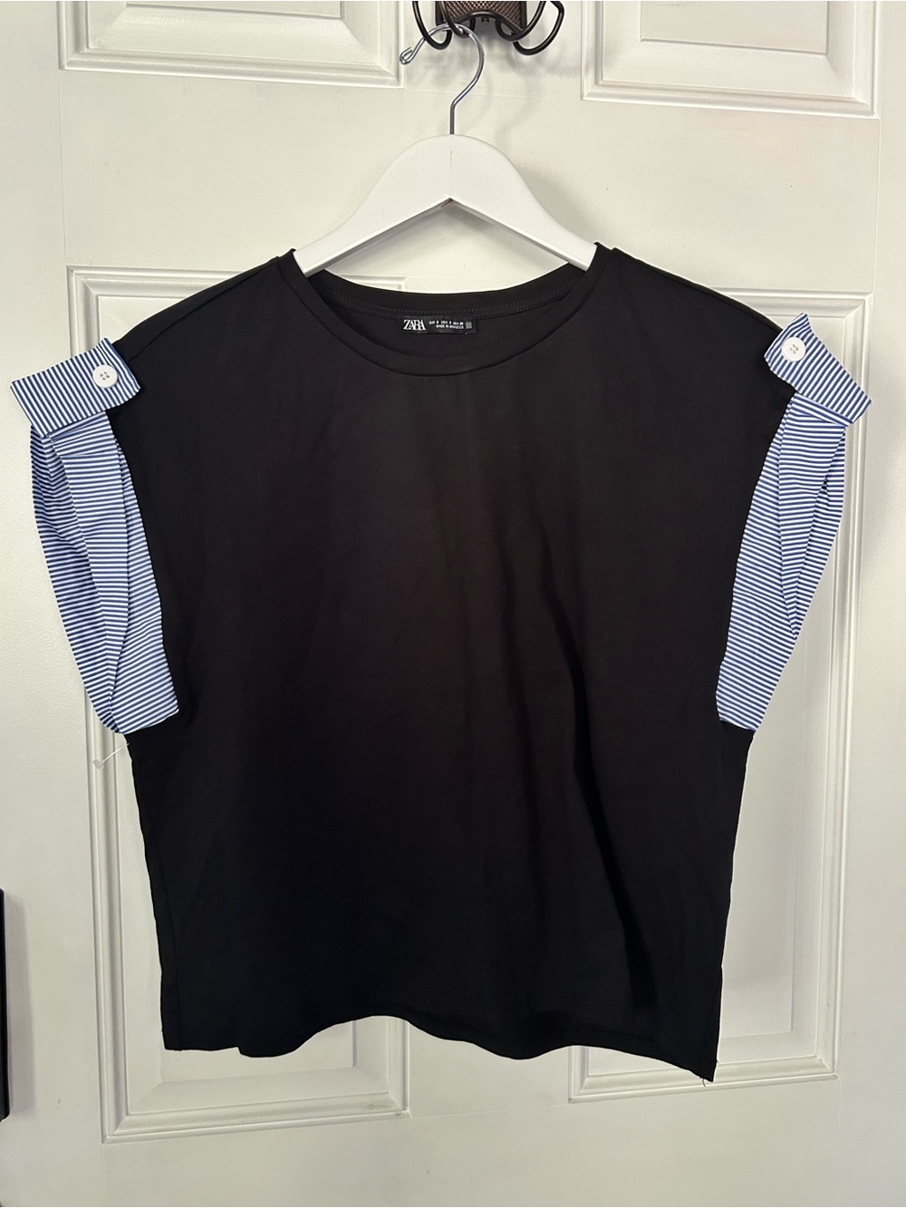 Zara Black Tee with Blue-White Striped Sleeve Tabs